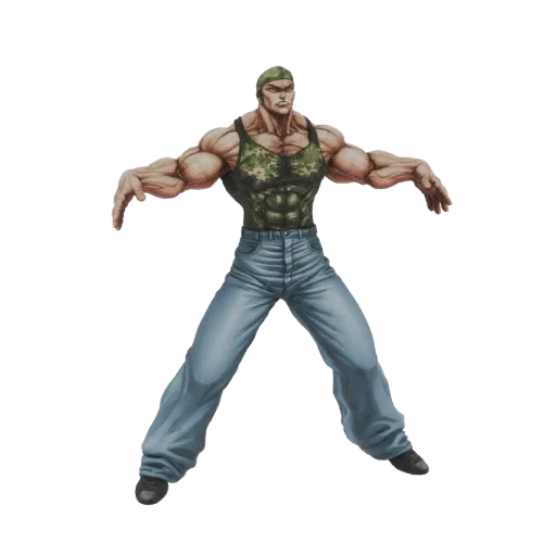 3D model of a muscular man with defined abs, wearing a camouflage tank top and blue jeans, with arms outstretched.