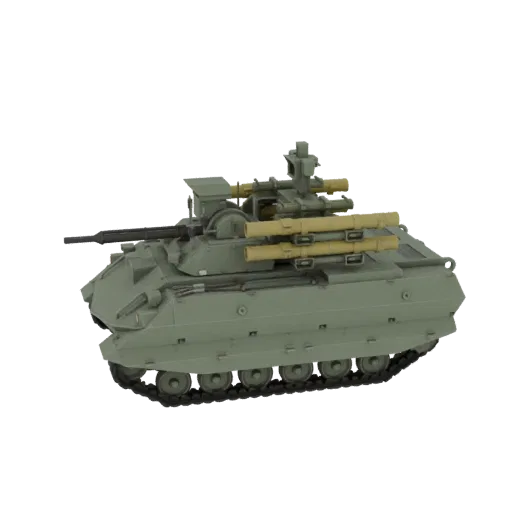 3D model of a green M2 Bradley Infantry Fighting Vehicle with TOW missile launchers, shown from a side-angle against a black