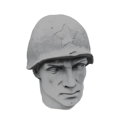 3D model of a Soviet soldier's head bust, wearing a helmet with a star emblem, rendered in grayscale.