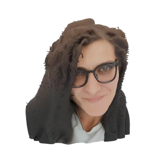 Render di modello 3D di una donna con capelli ricci scuri, che indossa occhiali con montatura nera e una camicia di colore ch