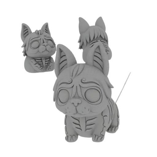 Modelo 3D de un perro estilizado y adorable con diseño de esqueleto, mostrado de frente con una superposición de malla de ala