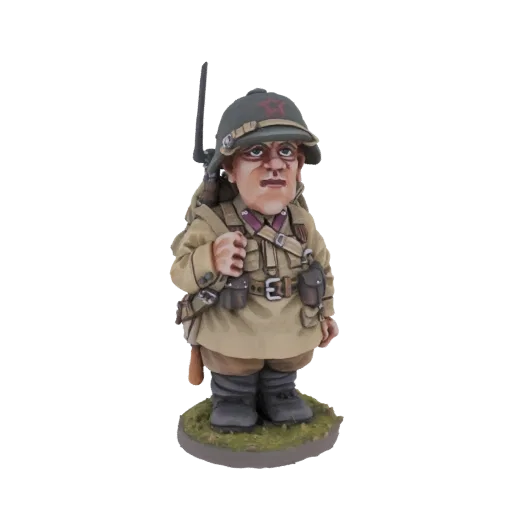 3D model of a chubby Soviet soldier in uniform, holding a rifle and wearing a helmet with a red star.