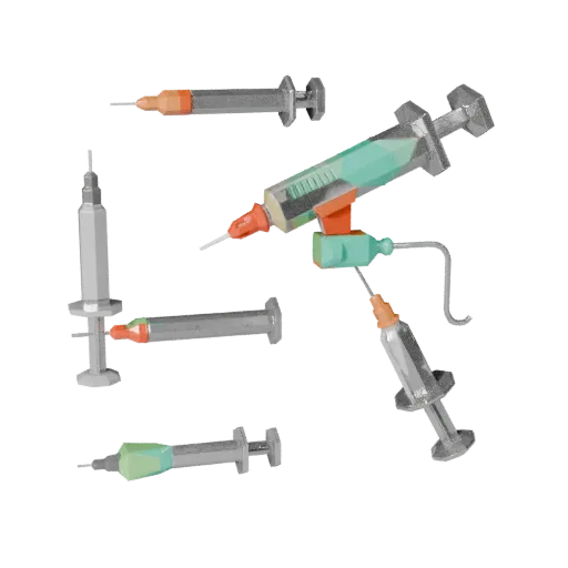 Emergency Syringe Model Low Poly 3D model, game viewport three-quarter view, showing stainless steel, form detail.