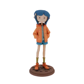 3D-Modell von Coraline in orangefarbener Jacke und blauen Shorts, stehend auf einem Kanalgitter-Sockel.