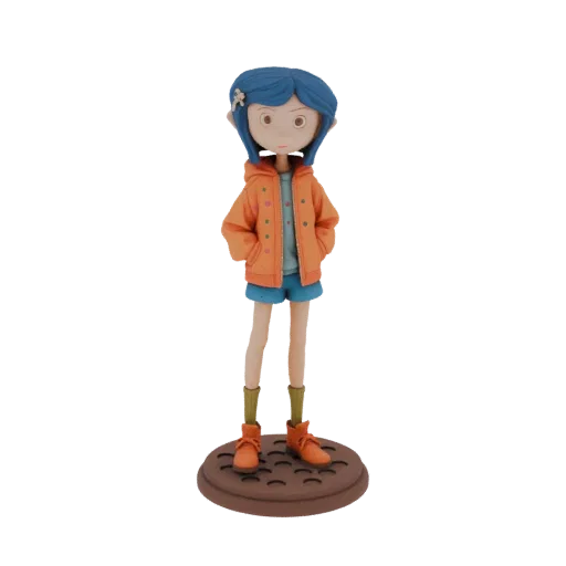 3D model of Coraline wearing an orange jacket and blue shorts, standing on a sewer grate base.