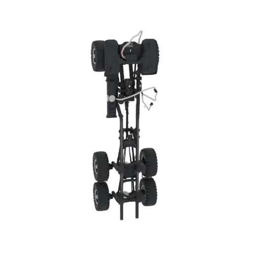 Top-down view of a detailed 3D model of an RC truck chassis with four off-road wheels and visible suspension components.