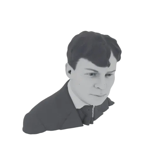 3D model render of a grayscale bust of a young man with styled hair, wearing a suit and tie, looking downwards.