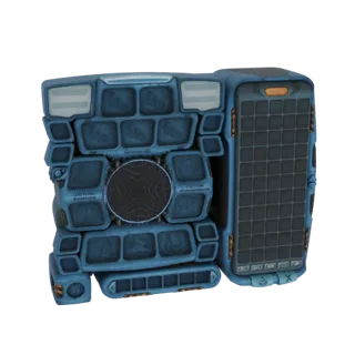 3D render of a futuristic blue tactical backpack with solar panels and multiple compartments, viewed from a slight angle.
