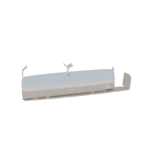 Render 3D di un veicolo lungo e aerodinamico in azzurro e beige, con winglet prominenti anteriori e posteriori.
