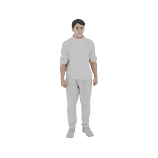 Modello 3D di un giovane con capelli scuri, che indossa felpa e pantaloni della tuta grigio chiaro, in piedi su sfondo bianco