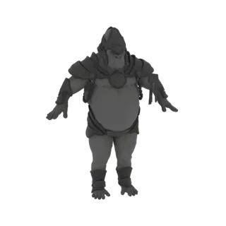 Ein 3D-Rendering eines dicklichen Ork-Krieger-Charakters mit stämmiger Statur, der eine Fantasy-Rüstung und einen Helm trägt
