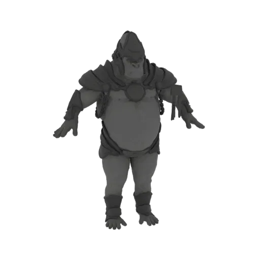 Ein 3D-Rendering eines dicklichen Ork-Krieger-Charakters mit stämmiger Statur, der eine Fantasy-Rüstung und einen Helm trägt