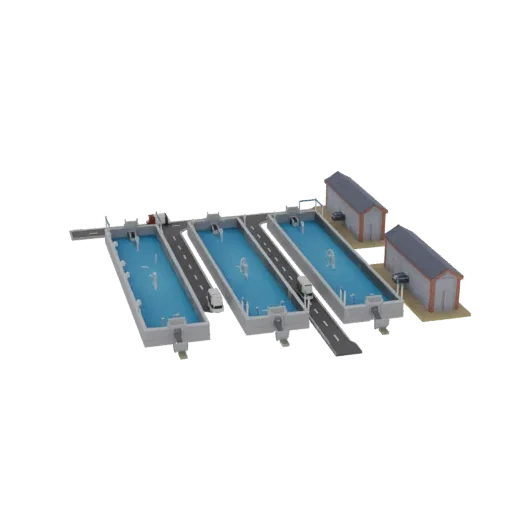 Modelo 3D de complexo de aquacultura com três tanques, estradas e dois edifícios