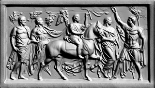 Modèle 3D bas-relief antique romaine avec César à cheval et ses guerriers, dans le style de la sculpture antique.