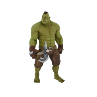 3D model of a muscular green orc warrior with tusks, wearing brown leather, and holding a battle axe.