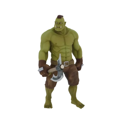 3D model of a muscular green orc warrior with tusks, wearing brown leather, and holding a battle axe.