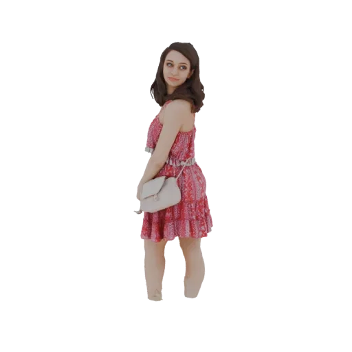 3D model of a woman with dark hair wearing a red floral dress and carrying a light handbag, posed looking over her shoulder.