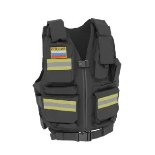 3D model of a dark tactical vest with a Russian flag patch and reflective stripes, featuring multiple pockets and a front zip