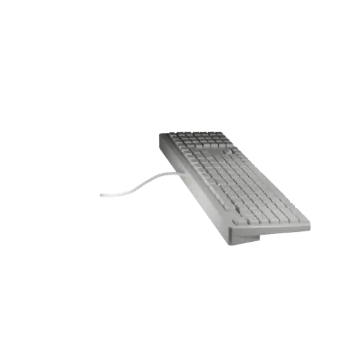 Home Office Keyboard 3D model, three-quarter front view, Unity viewport, showing plastic, desk-scale silhouettes.