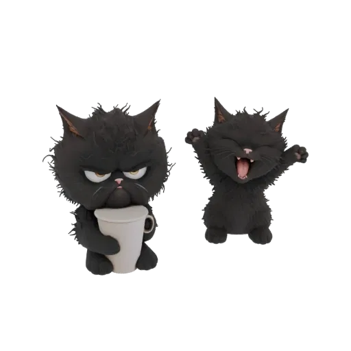 Una renderización 3D de dos figuras de gatos negros: un gato gruñón con una taza blanca y un segundo gato bostezando con los
