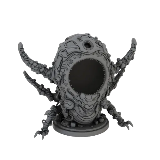 Modello 3D di creatura biomeccanica stile xenomorfo, a forma di fioriera con parte centrale aperta e arti segmentati.
