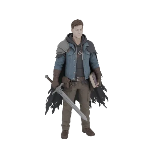 3D model of a male fantasy adventurer holding a sword and a spellbook, wearing a denim jacket and tattered cloak.