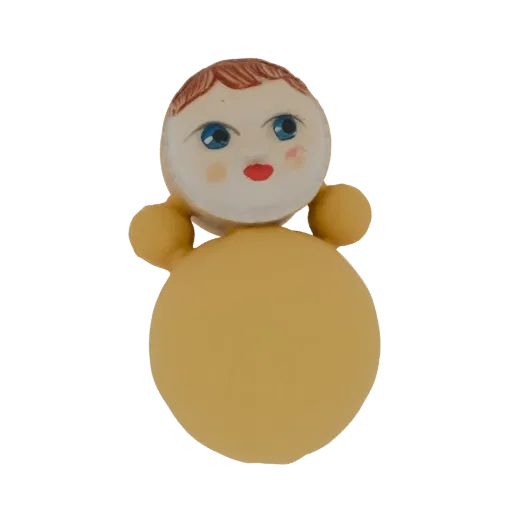 3D model of a vintage roly-poly doll with a painted face, blue eyes, and a yellow rounded body, set against a white backgroun