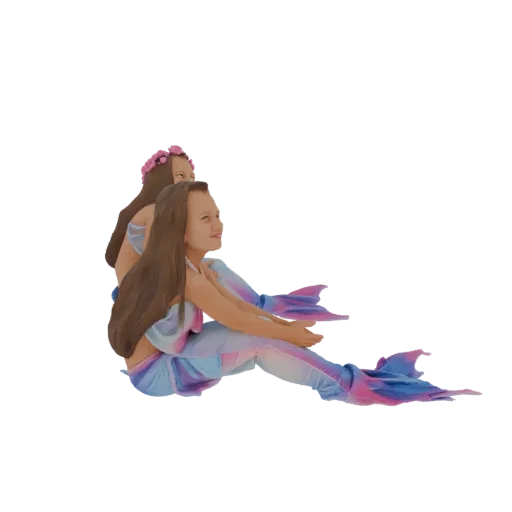 3D model of two young mermaid sisters sitting together, one with a floral crown, their colorful tails draped around them.