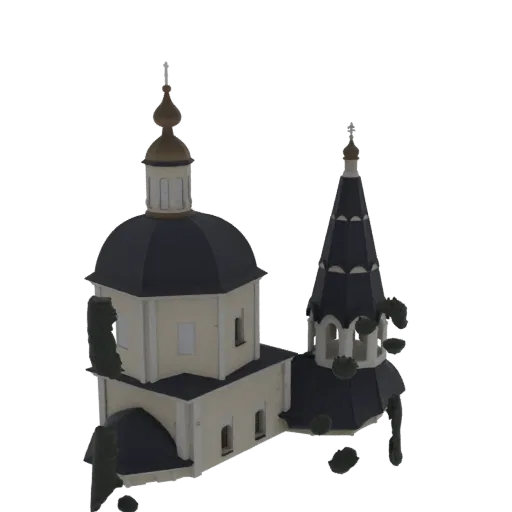 3D model of an Orthodox church with a dark dome and a tall, slender bell tower, set against a black background.