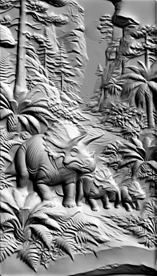 Modelo 3D de bajorrelieve con una familia de triceratops entre helechos y árboles