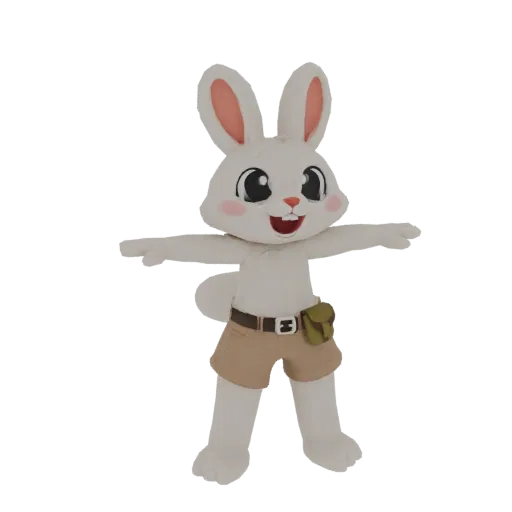 A 3D render of a white cartoon bunny character wearing explorer shorts and a utility belt, with arms outstretched.