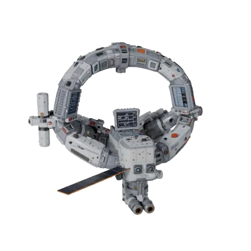 Orbital Docking Hub Stylized 3D model, stylized isometric render, showing metal modules, modular station layout.