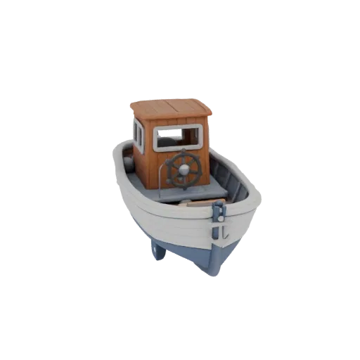 Modelo 3D de barco infantil con cabina de madera, timón, ancla y salvavidas sobre fondo blanco
