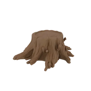 3D model of a stylized brown tree stump with visible growth rings and gnarled roots spreading outwards.