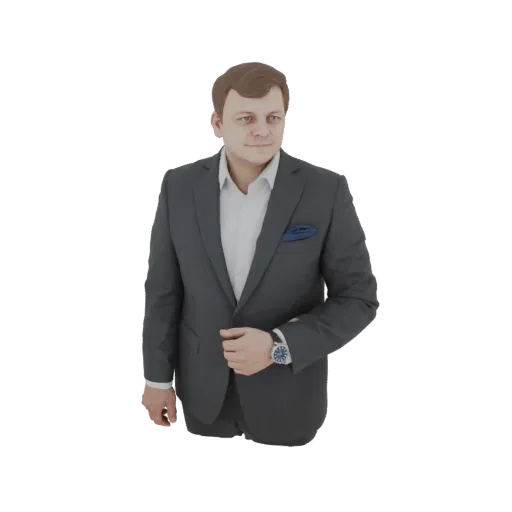 3D-Modell eines Mannes im dunklen Anzug, weißem Hemd und blauem Einstecktuch, der selbstbewusst steht.