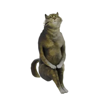 3D model of an anthropomorphic cat sitting upright with large, wide eyes and a curious expression, its paws resting on its la