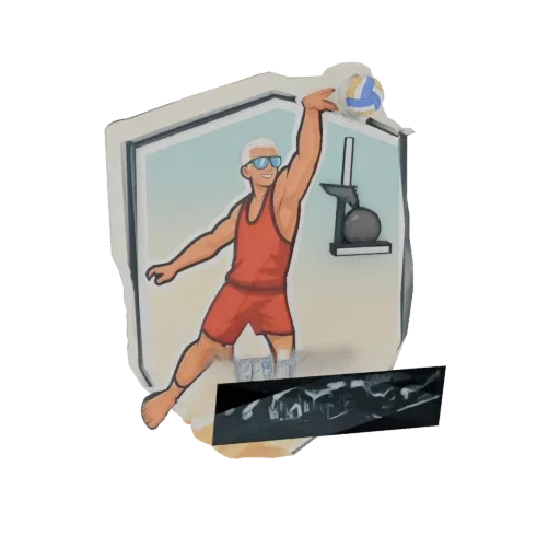 3D model of a senior man playing volleyball, mid-action, wearing a red tank top and sunglasses, with a volleyball in the air.