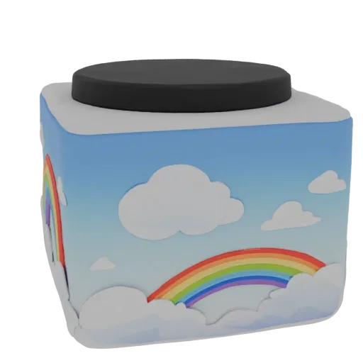 3D model of a round pet urn with a rainbow and clouds on a blue sky, featuring a screw-on lid.