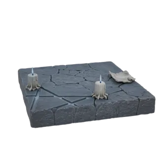 3D render of a cracked stone altar with two lit candles and a fallen leaf, set against a white background.