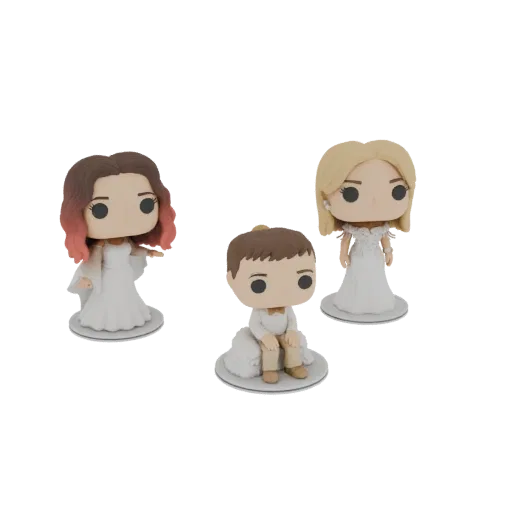 Modelo 3D de três figuras Funko Pop com tema de casamento: um noivo sentado e duas noivas em pé, todas em trajes estilizados.
