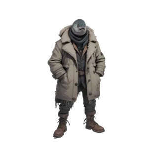 3D-Modell eines anthropomorphen Lachses in einem dicken, pelzgefütterten Wintermantel und Stiefeln, stehend mit Händen in den