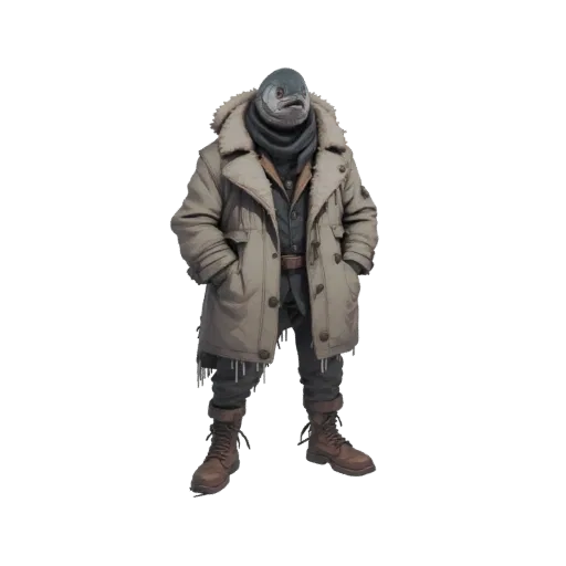 3D model of an anthropomorphic salmon character wearing a thick, fur-lined winter coat and boots, standing with hands in pock