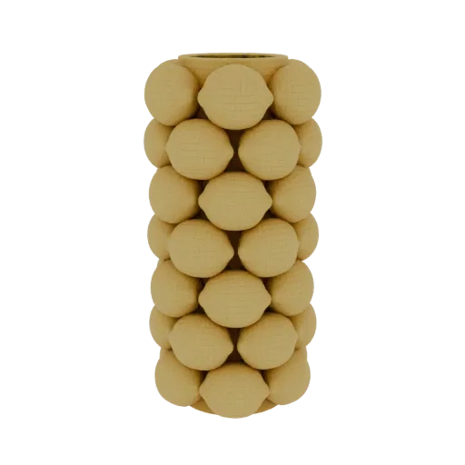 Modelo 3D de jarrón cilíndrico cubierto por un denso racimo de limones texturizados, renderizado en amarillo cálido.