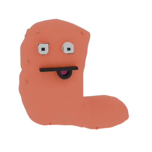 A 3D render of a silly orange blob character with cartoon eyes and its tongue sticking out, against a black background.