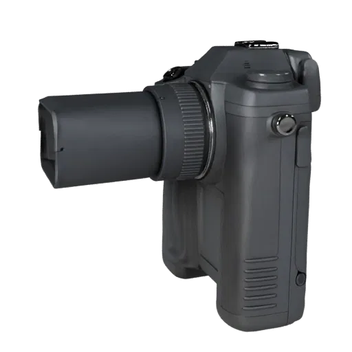 Action Drone Camera 3D model, three-quarter front view, AR viewer studio render, showing textured grips, lens barrels.