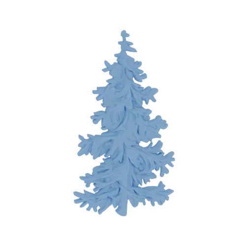 Rendu 3D d'un sapin stylisé de couleur bleu doux, avec des branches superposées et une forme conique.