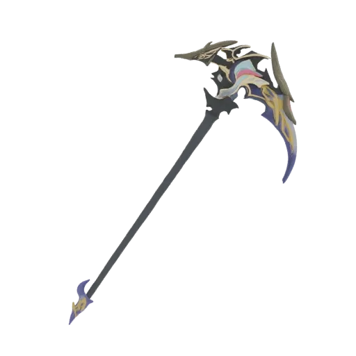 3D model of a fantasy scythe with a dragon head design on the blade, set against a white background.