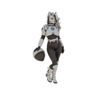 3D-Modell eines anthropomorphen Wolf-Astronauten im weiß-grauen Raumanzug, der einen weißen Helm hält.