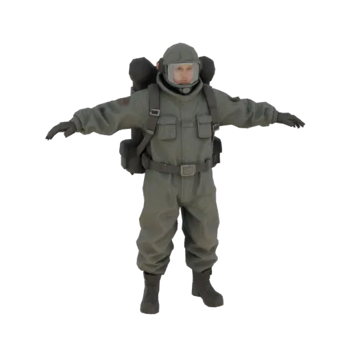 3D model of a male worker in a baggy, grey hazmat suit with large oxygen tanks on his back and a helmet with a clear visor, s