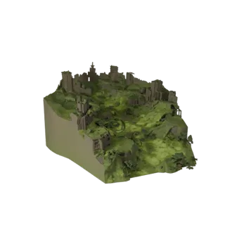 Ruined City Overgrowth Biome Unreal Engine 3D model, top-down viewport view, showing terrain layers, built remnants.